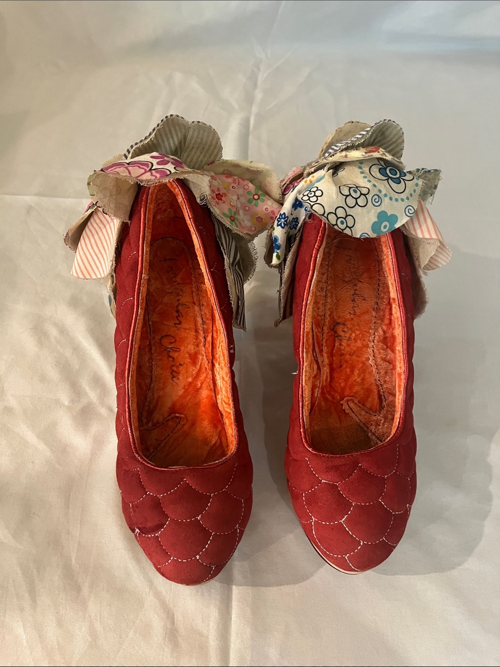 Irregular Choice “SWEETY BIRD” Red Suede, Patchwork Floral Heels Sz US 10/ EU41